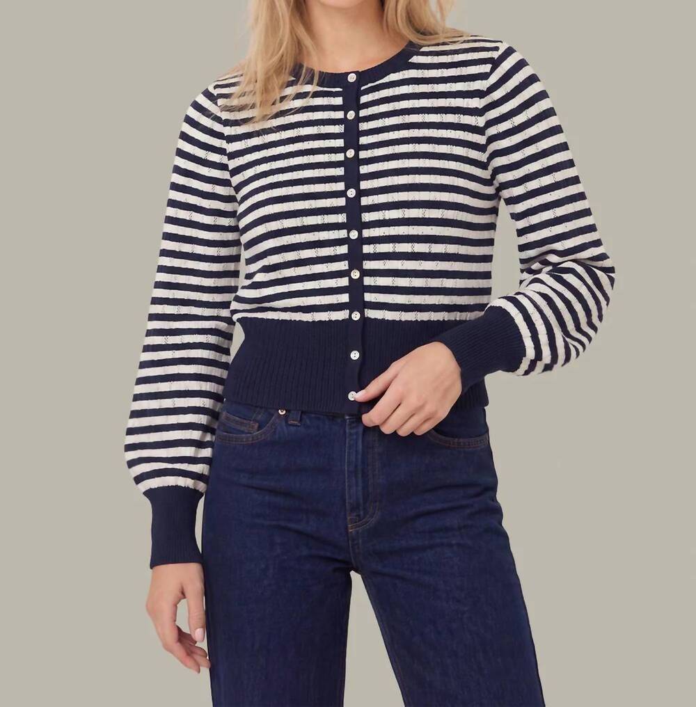NEW 525 AMERICA beckett striped pointelle blouson sleeve high rib cardigan in da